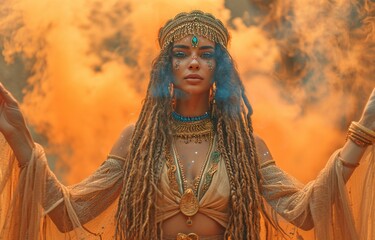 Ancient Egyptian princess idea for a girl. Young lady posing against a backdrop of orange smoke in the dark - obrazy, fototapety, plakaty