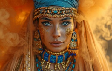 Ancient Egyptian princess idea for a girl. Young lady posing against a backdrop of orange smoke in the dark