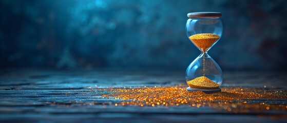 A countdown to a deadline with copy space is represented by sand going through an hourglass's bulbs to measure the passing of time.