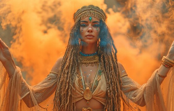 Ancient Egyptian Princess Idea For A Girl. Young Lady Posing Against A Backdrop Of Orange Smoke In The Dark