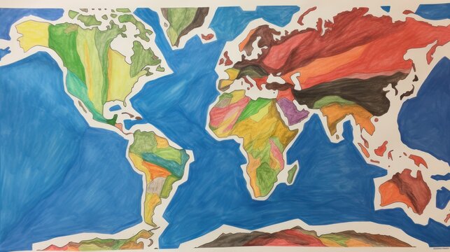 World map painting illustration with several continents and countries, colorful design and blue sea.