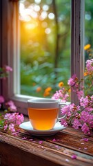 Close-up background of a tea cup on a windowsill