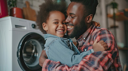 Side view of black child in casual clothes with curly hair smiling and embracing dad loading washing machine during household routine in morning at home