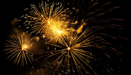 new year's eve greetings and yellow fireworks exploding on black background