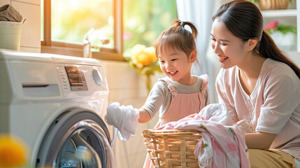 Smile asian woman sitting in front of a washing machine handing cloth from a basket to her cute daughter to smell after cleaning it in a laundry room at home.