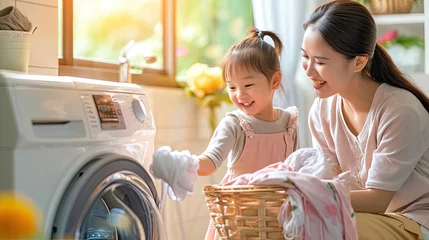 Poster Smile asian woman sitting in front of a washing machine handing cloth from a basket to her cute daughter to smell after cleaning it in a laundry room at home. © Sasint