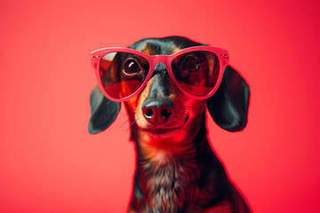 dachshund wearing a pink heart shaped pair of sunglasses - obrazy, fototapety, plakaty