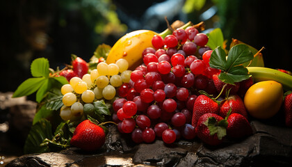 Freshness of nature bounty strawberry, raspberry, blueberry, grape, orange generated by AI