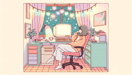 Illustration of a woman working on a computer in the room. Illustration in Japanese anime style.