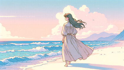 Obraz na płótnie Canvas Beautiful girl on the beach at sunset. Hand drawn illustration. Illustration in Japanese anime style.