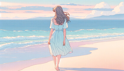 Young woman in blue dress walking on the beach. Illustration in Japanese anime style.