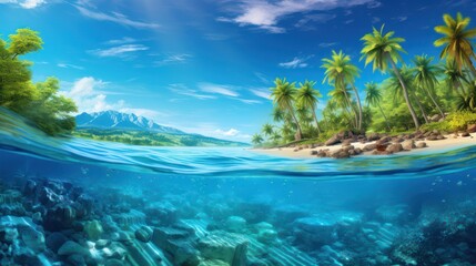 Underwater view with palm trees in beautiful mountains.