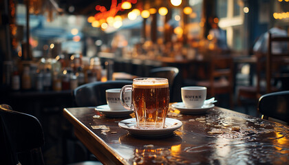 Close up of a frothy coffee mug on a wooden bar counter generated by AI