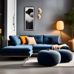 Dark blue corner sofa. Scandinavian home interior design of modern living room.
