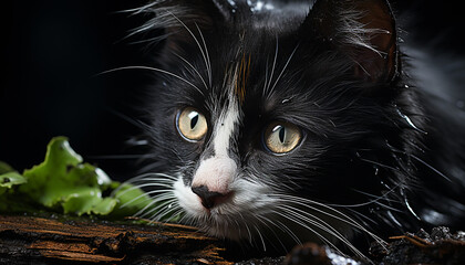 Cute kitten staring, fluffy fur, black background, playful nature generated by AI