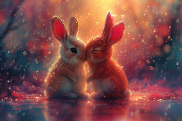 Greeting card on Valentine's Day with a couple of rabbits in love.