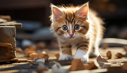 Cute kitten sitting, looking at camera, playing with toy generated by AI