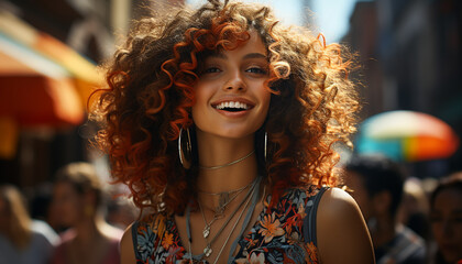 Young woman with curly hair smiling, looking at camera outdoors generated by AI