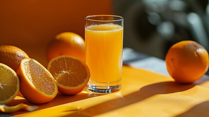 Freshly Squeezed Orange Juice in a Clear Glass, Surrounded by Whole and Sliced Oranges on a Vibrant Yellow Surface with Soft Shadows