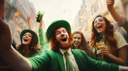 Selfie of friends getting ready for a party outside with green items of clothing. Green themed party for St. Patrick's Day. People celebrate the holiday, smile and have fun