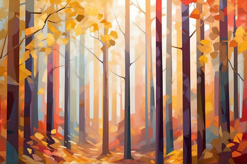 Cubism Style  autumn forest light tones of color
