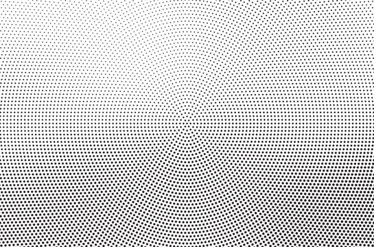 Radial Halftone Spotted Gradient Background. Dotted Stains Concentric Texture With Fading Effect. Black And White Circle Shade Wallpaper. Grunge Rough Vector. Monochrome Geometric Backdrop. 