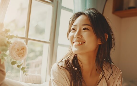 Beautiful young asian woman smiling and looking through window at home