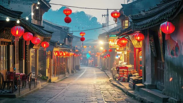 Animation traditional chinese house in the street filled with red lanterns in the evening. seamless 4k video looping background. generated with ai