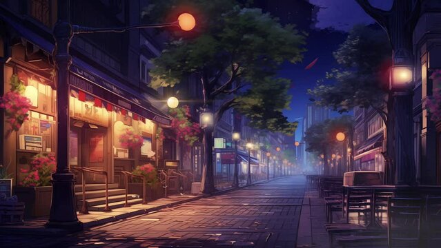 Animated illustration of a street in front of a busy traditional market with shops selling goods, with lights on at night. Can be used for sales activities. Background animation.