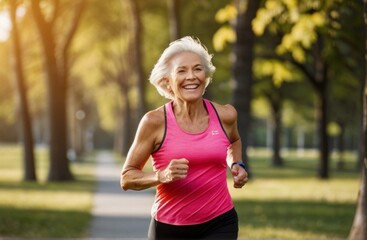 Portrait of a Senior female Jogger Running in a Park on a Health Trail. Healthy and Fit Elderly Man Enjoying Physical Activity and Staying in Shape from Generative AI