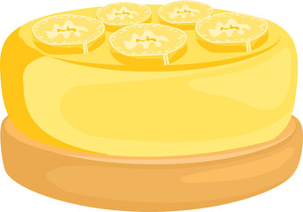 Banana cheesecake with sliced fruit topping. Sweet dessert illustration. Delicious cake and fruit vector illustration.