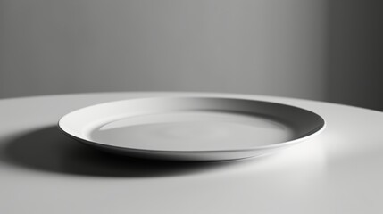 Elegant White Ceramic Plate on Glossy Surface with Dramatic Lighting and Soft Shadow