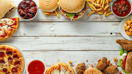 Junk food top border. Pizza, hamburgers, chicken wings and salty snacks. Above view over a white wood banner background - obrazy, fototapety, plakaty