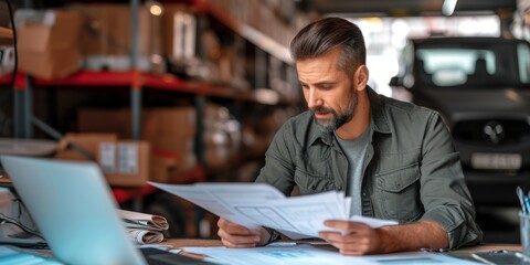 small business owner reviewing inventory and sales data with determination