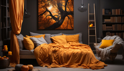 Cozy bedroom with modern design, illuminated by bright electric lamp generated by AI