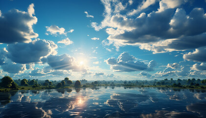 Tranquil sunset sky reflects beauty in nature serene landscape generated by AI