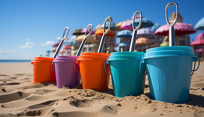 Summer sand, plastic bucket, outdoors, blue vacations, multi colored drink, water nature generated by AI