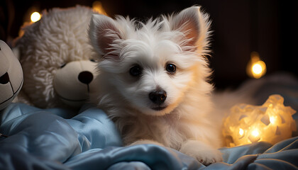 Fototapeta na wymiar Cute small puppy sitting, looking at camera, indoors, cheerful and playful generated by AI