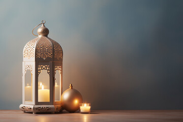 Ramadan Kareem greeting card. Arabic lantern on light background.