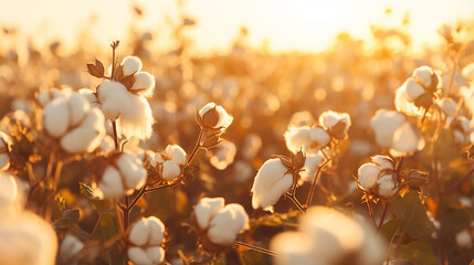 cotton field background ready for harvest under a golden sunset macro close ups of plants - obrazy, fototapety, plakaty