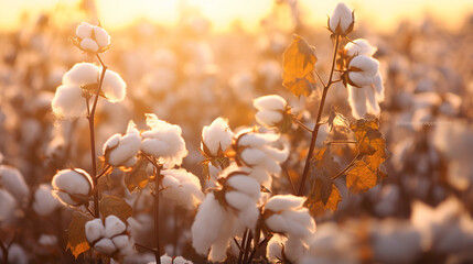 cotton field background ready for harvest under a golden sunset macro close ups of plants - obrazy, fototapety, plakaty