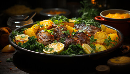 Fototapeta premium Grilled meat and vegetables on a rustic wooden plate generated by AI