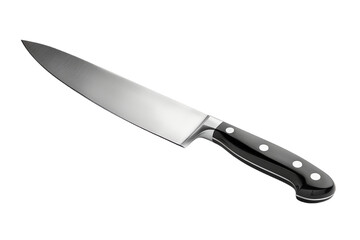 Isolated white background kitchen knife with a sharp stainless steel blade, black handle, and a shiny metallic finish