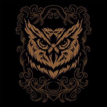 Owl Head Illustration with engraving ornament