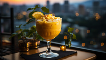 Refreshing cocktail on a table, cityscape at night, gourmet dessert generated by AI