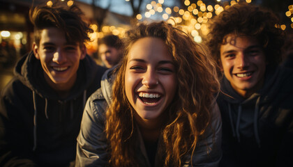 Fototapeta premium Smiling young adults, cheerful men and women, enjoying fun outdoors generated by AI