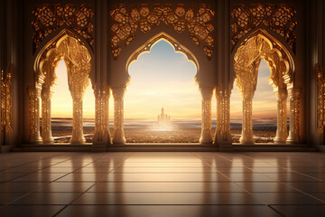 Sunset view of Mosque illustration Ramadan Kareem Background - obrazy, fototapety, plakaty