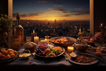 Ramadan Kareem Iftar concept Fruits on wooden table with sunset sky background. food concept.
