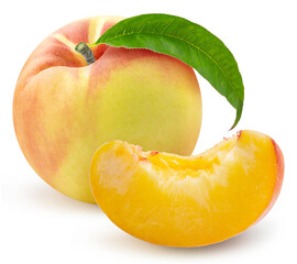 Yellow Peach fruit isolated on white background, Fresh Yellow Peach on White Background With clipping path.
