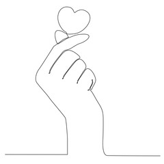 One line drawing of a hand making a heart sign or symbol with a finger. Beautiful hands with copy space. Love concept with hand gesture. Modern continuous line design graphic vector illustration